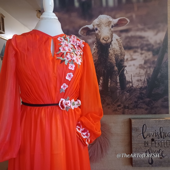 Orange Embellished Pleated Long Sleeve Gown - Picture 10 of 16